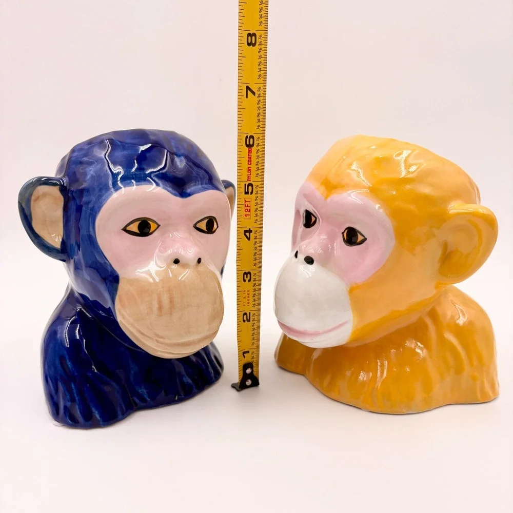 Ceramic Monkey Bust Planter Vase Set Blue‎ and Yellow Glossy Glaze Primate Decor